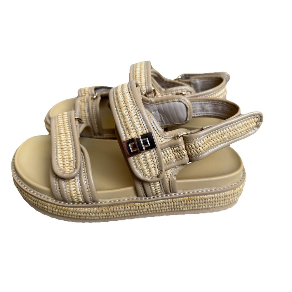 Womens Platform Sandals Size 8 Beige Raffia Woven Adjustable Strappy Boho